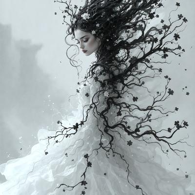 The primary subject of the image is a woman dressed in a white gown, with her hair flowing in the wind. She is standing in front of a tree with a flowery branch, which adds a touch of nature to the scene. The visual style of the image is a combination of digital art and illustration, creating a unique and artistic representation of the woman. The colors and mood of the image are predominantly white, which gives it a clean and elegant appearance.